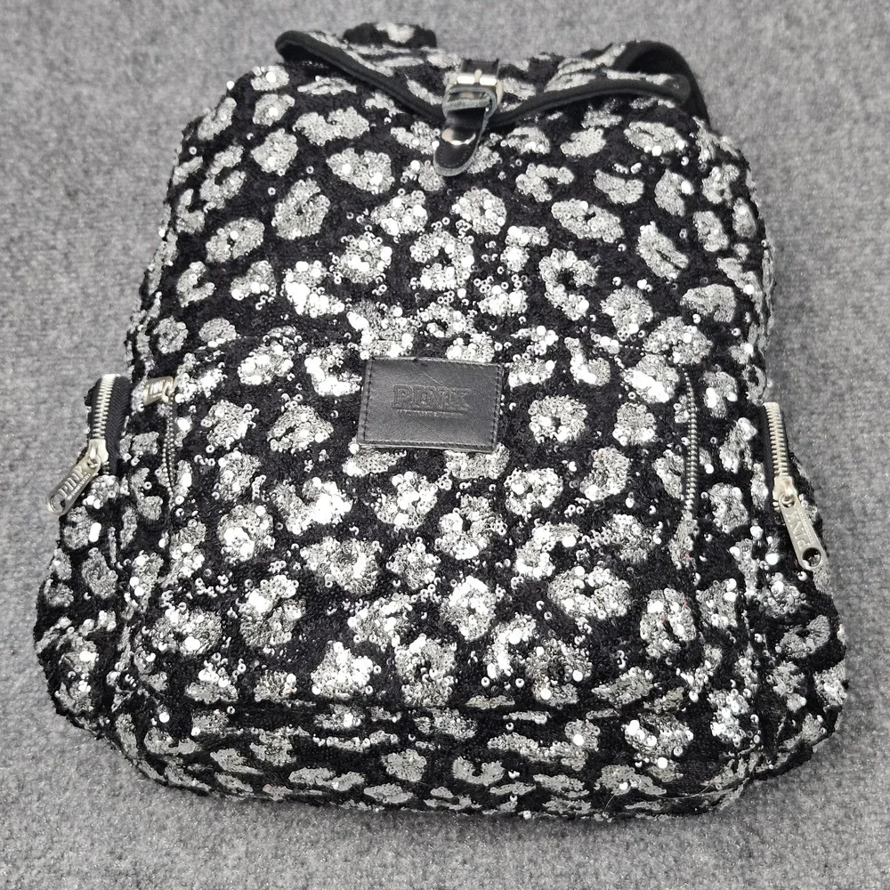 Victorias Secret PINK Backpack Shiny Black Silver Sequin Leopard‎ Animal Print